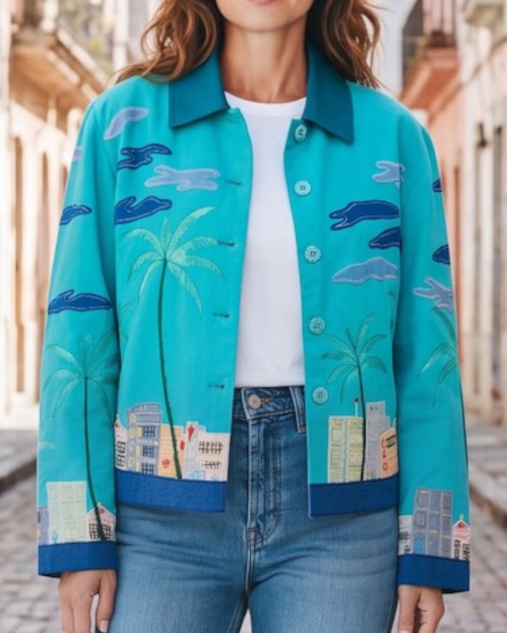 Vintage Patchington Turquoise Blue Cityscape Embroidered  Button Front Jacket